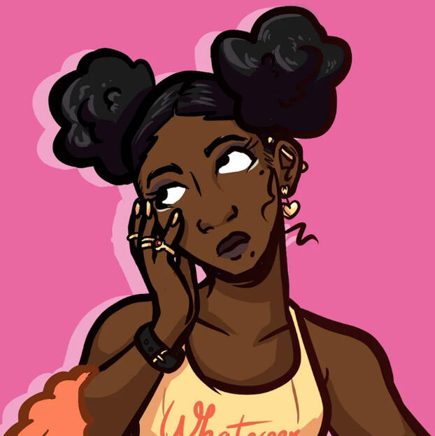 illustration of Nine with two black poofy hair buns on either side, heart earrings, black bracelet, and yellow tank